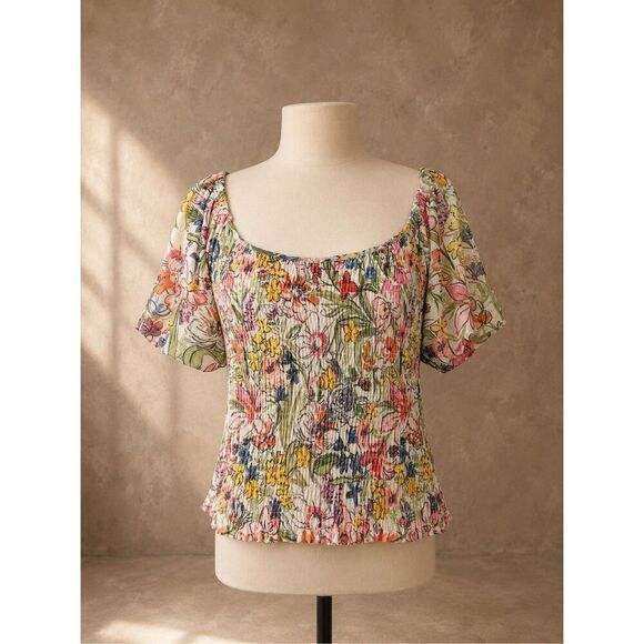 Anthropologie Tops - Anthropologie Smocked Floral Puff Sleeve Top Multicolor Size L Stretchy Summer B
